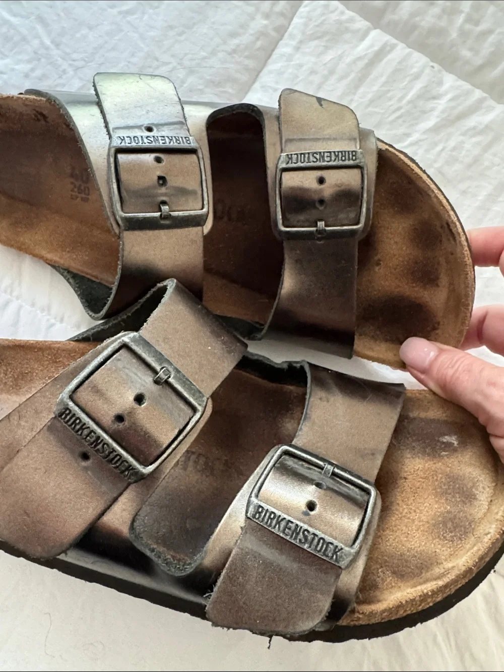 Birkenstock Arizona sandals in a metallic bronze or anthracite finish size 40